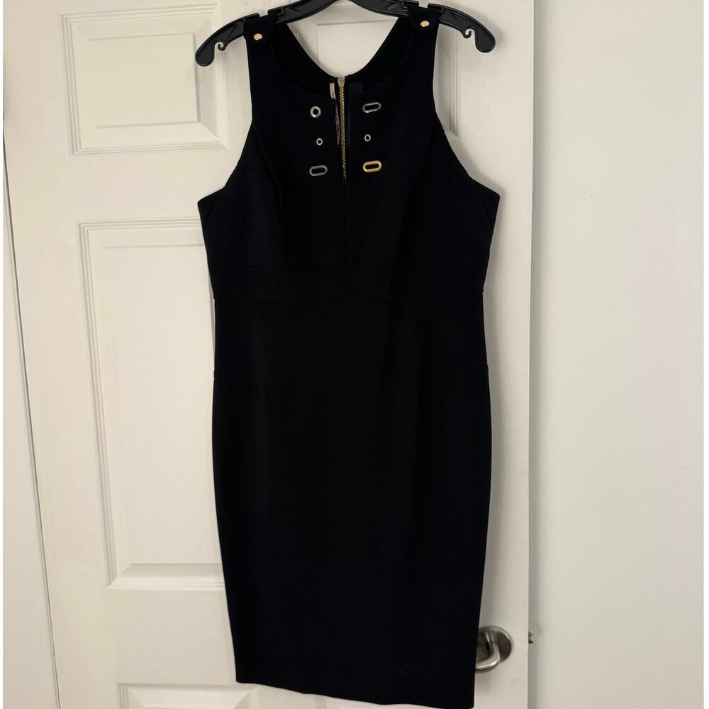 Roland Mouret Black Sheath Dress Size 12 Gold Silver Hardware Designer Cocktail